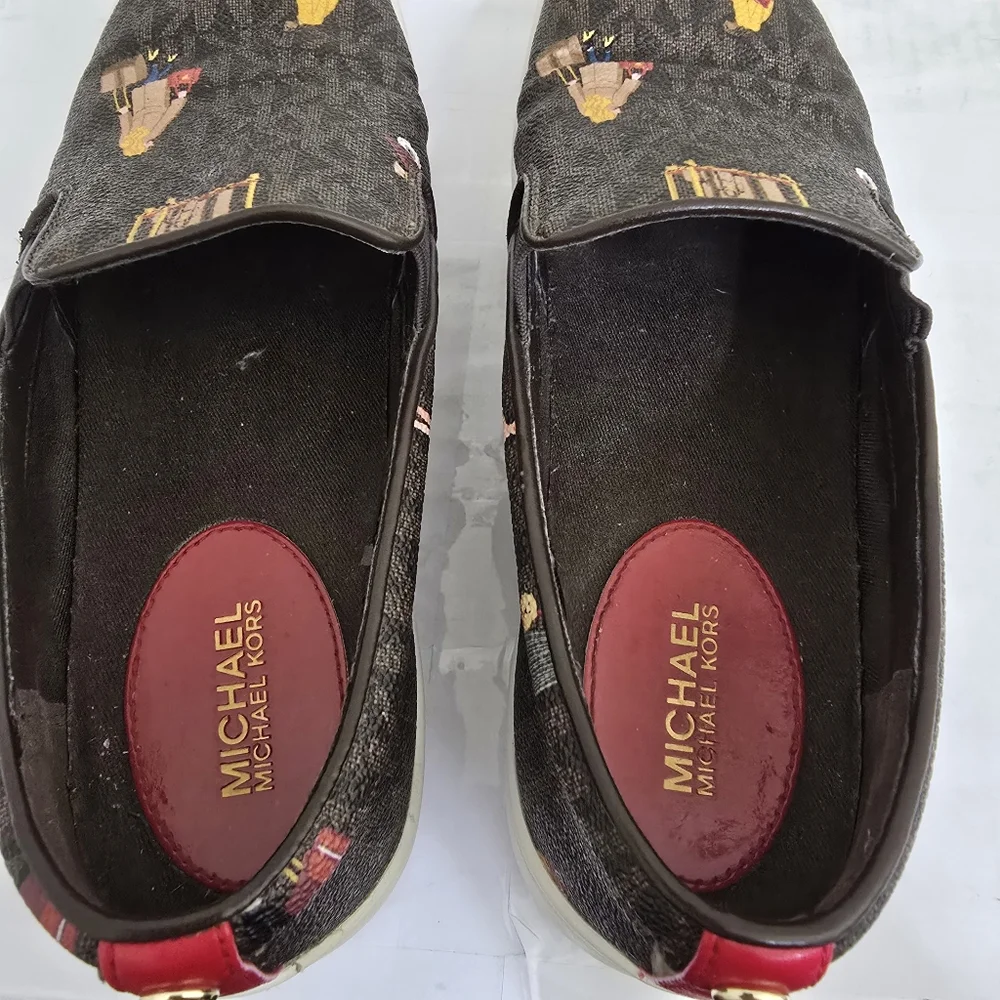 MICHAEL KORS size 7 Jet Set Trent Travel Print Logo Slip On‎ Shoes Brown